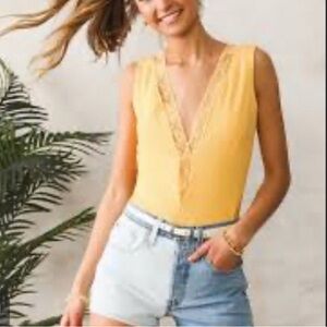 NanaMacs M Yellow Plunging V Neck Bodysuit Snap Crotch Faux Wrap Sleeveless